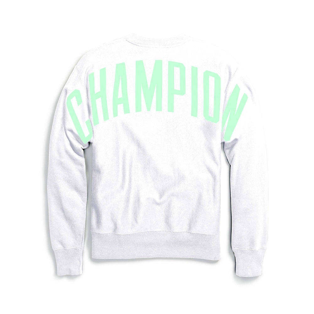 Champion brand white crewneck sweatshirt with neon green logo on the BACK